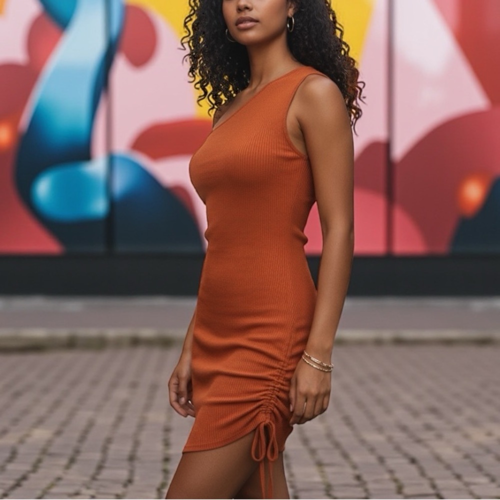 🍀2/$22 Cider One Shoulder Ruched Ribbed Knit Orange Bodycon Dress Womens size XL